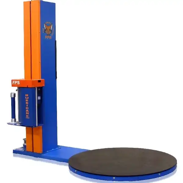 A blue and orange machine with a round platform.