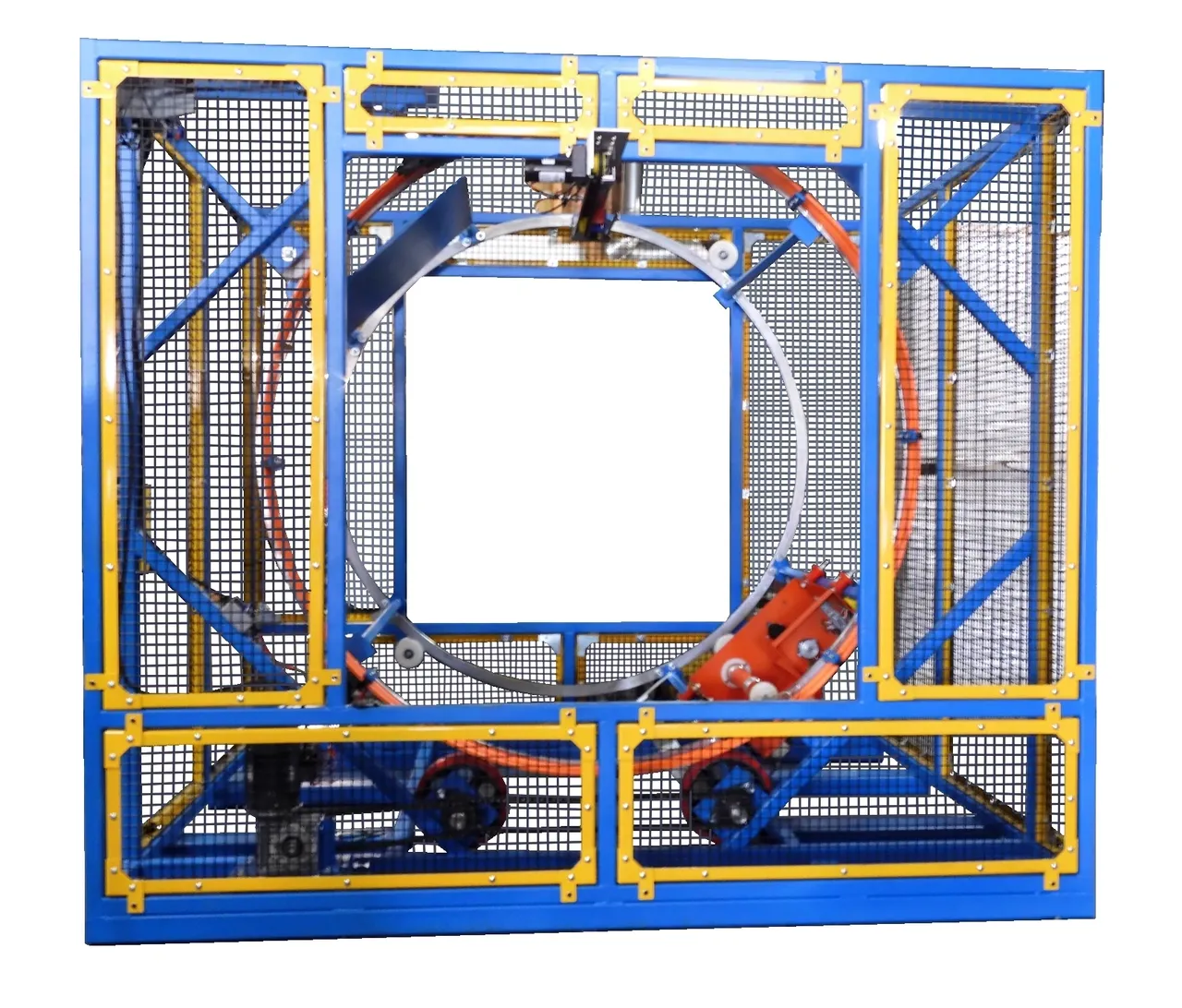 A blue and yellow frame with a large machine.