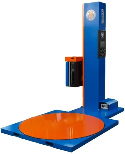 A blue and orange machine is sitting on the floor