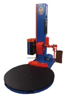 A blue and red machine with a black turntable.